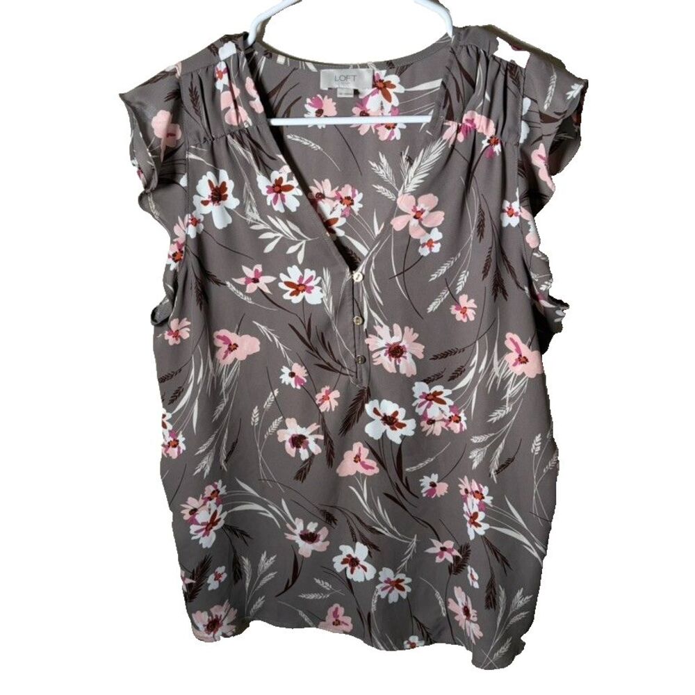 Loft Blouse Women's Medium Gray V-Neck Ruffle Short Sleeve Lightweight Top